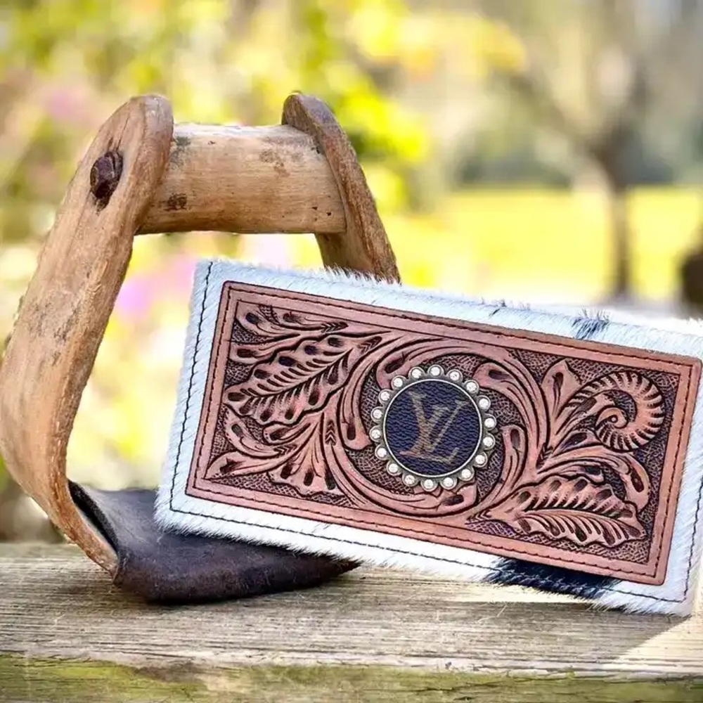 SOLD: Upcycled Louis Vuitton Tooled Leather Cowhide Wallet Card Holder Boho